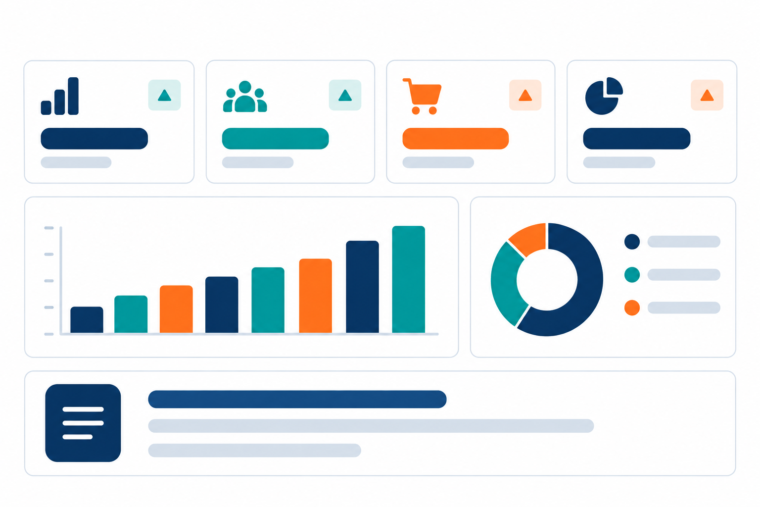 Illustration of a maintenance dashboard with stat tiles, a bar chart, and a donut chart.