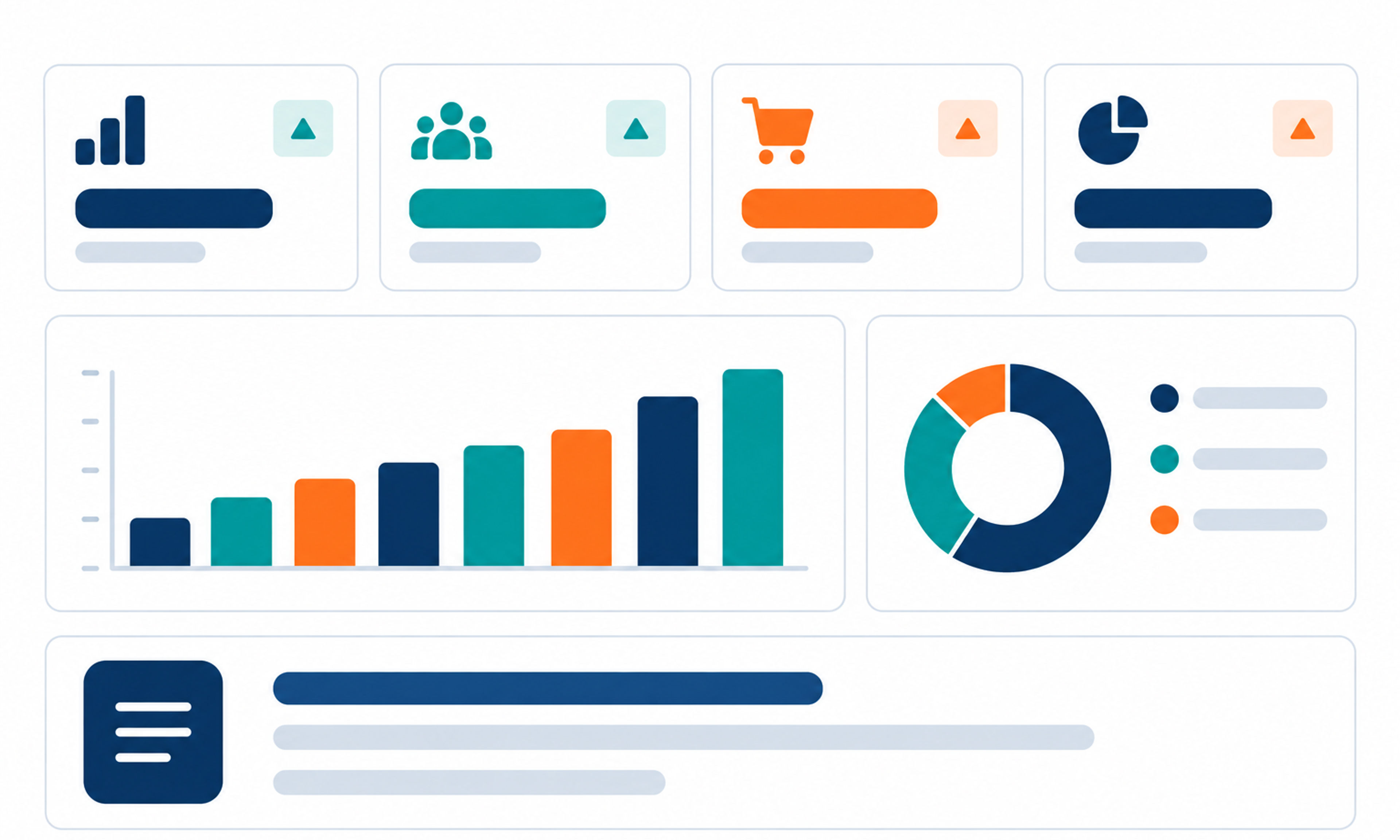 Illustration of a maintenance dashboard with stat tiles, a bar chart, and a donut chart.