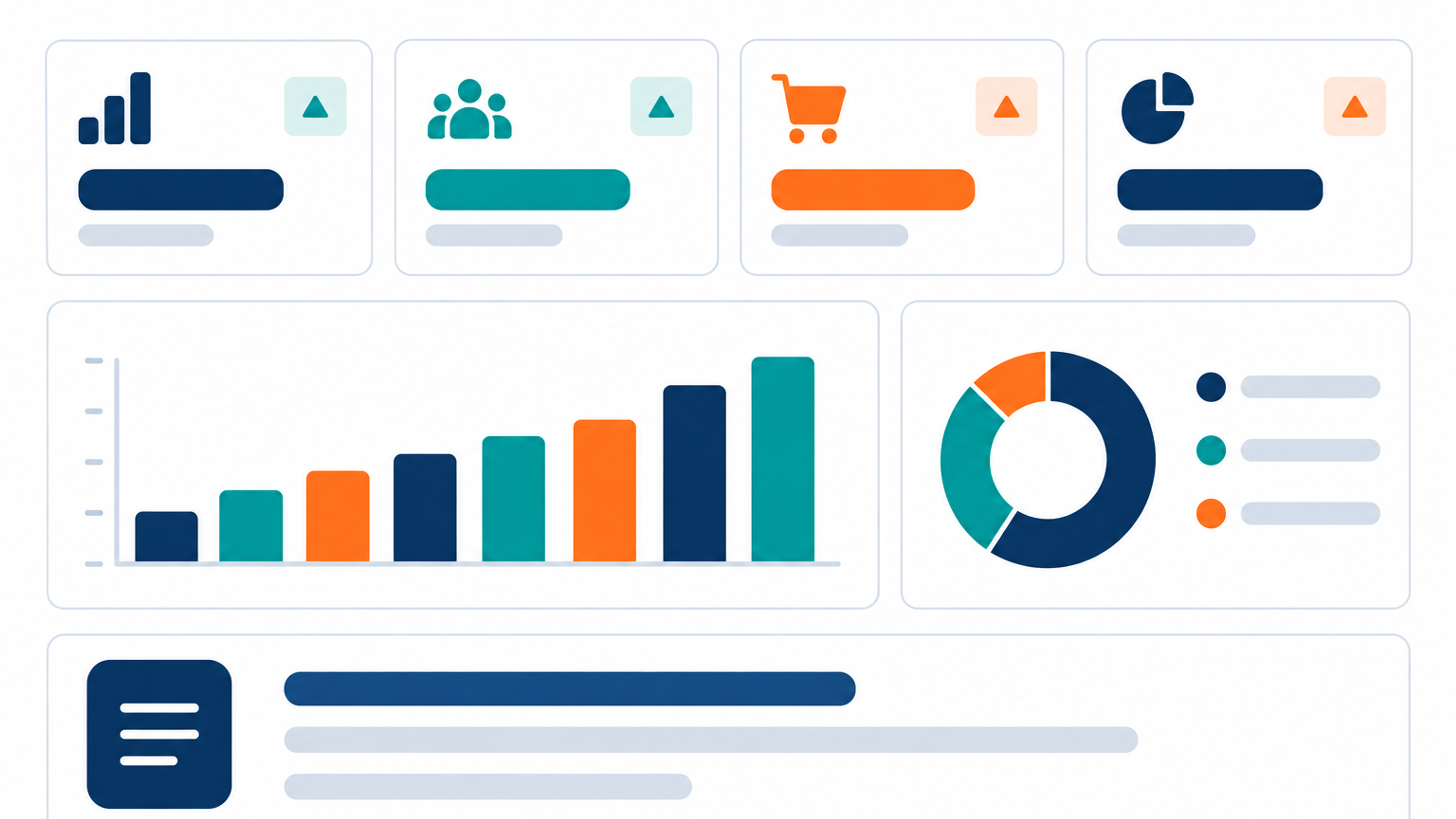 Illustration of a maintenance dashboard with stat tiles, a bar chart, and a donut chart.