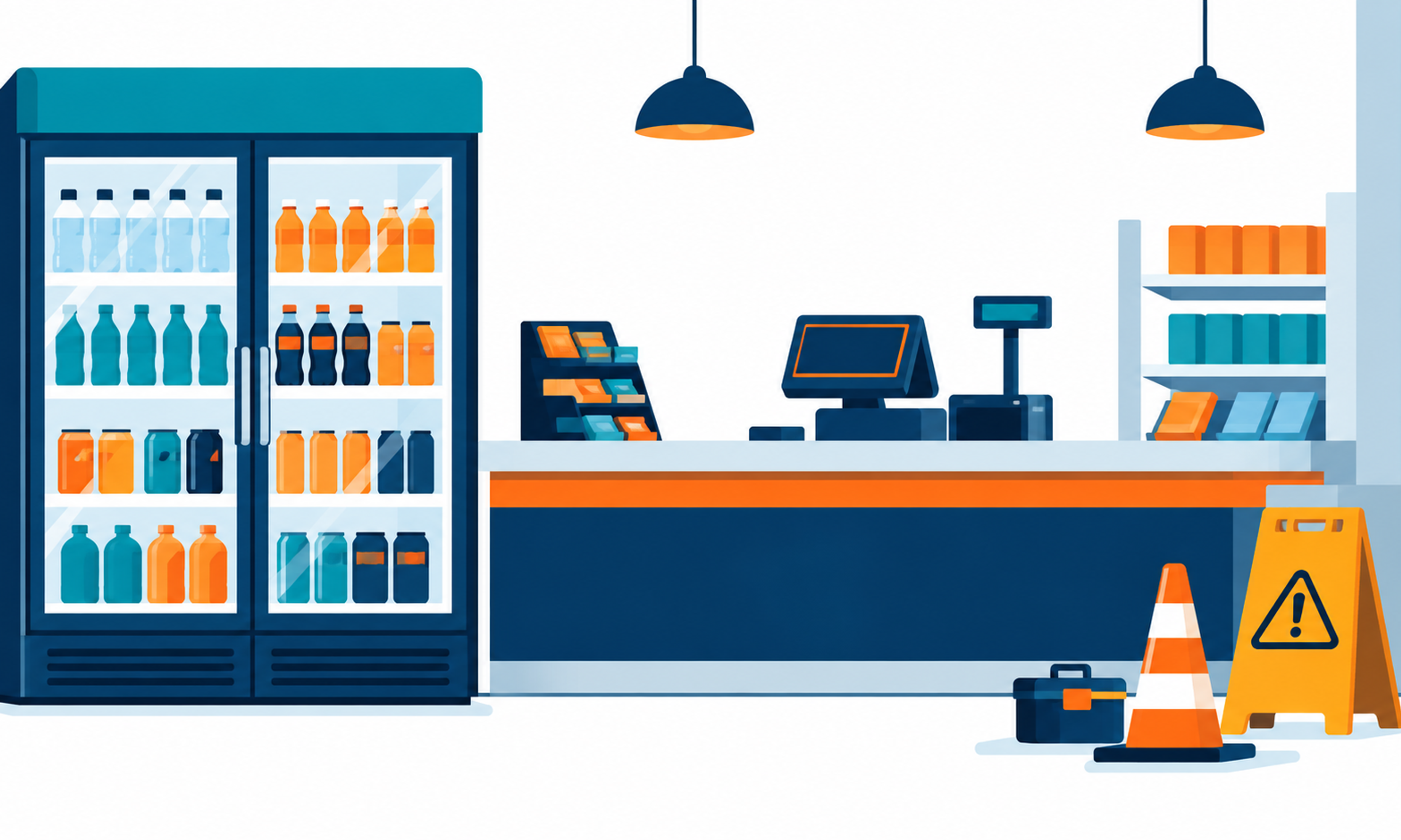 Illustration of a convenience store checkout counter with a beverage cooler and a wet-floor caution sign.