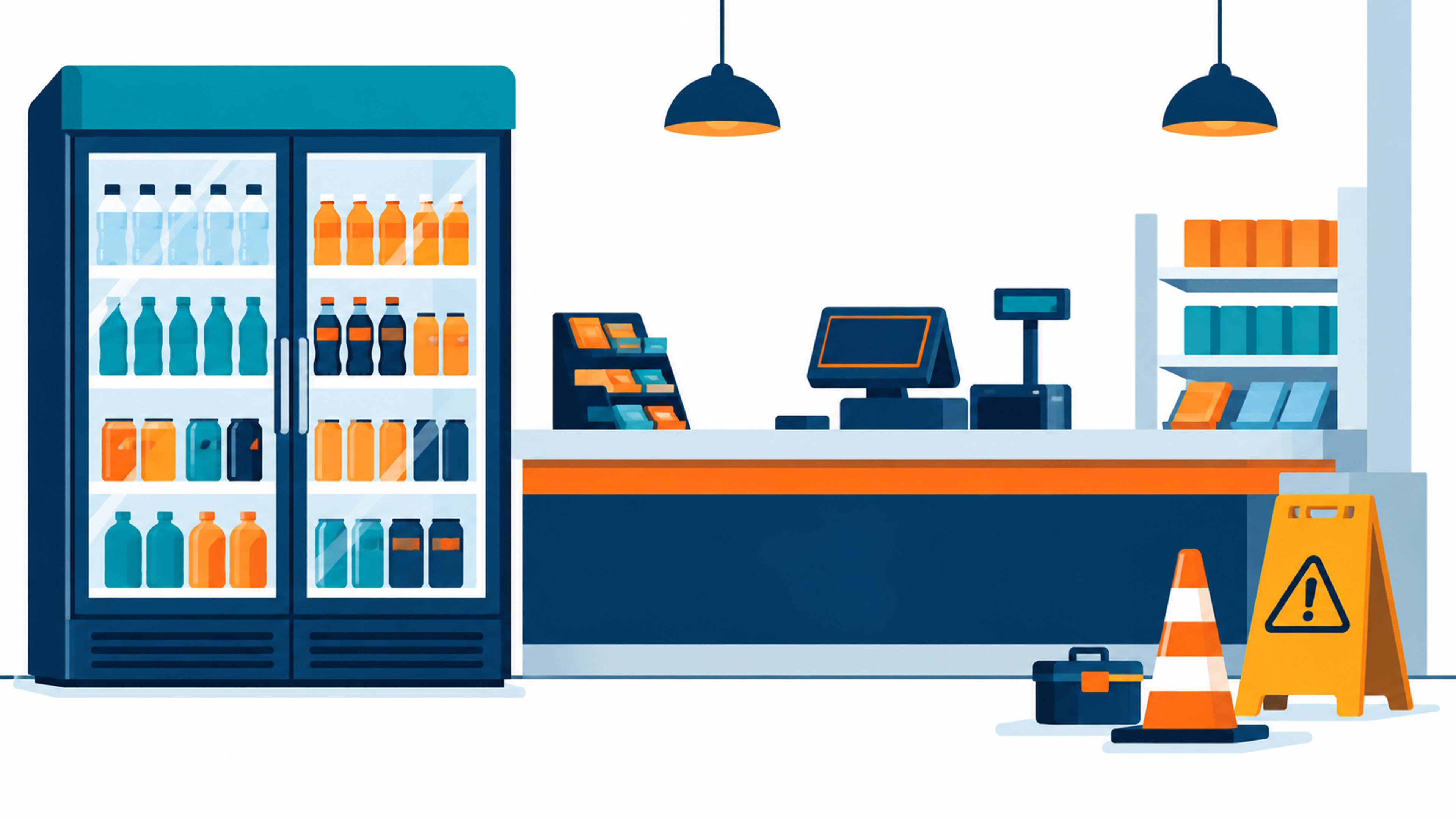 Illustration of a convenience store checkout counter with a beverage cooler and a wet-floor caution sign.