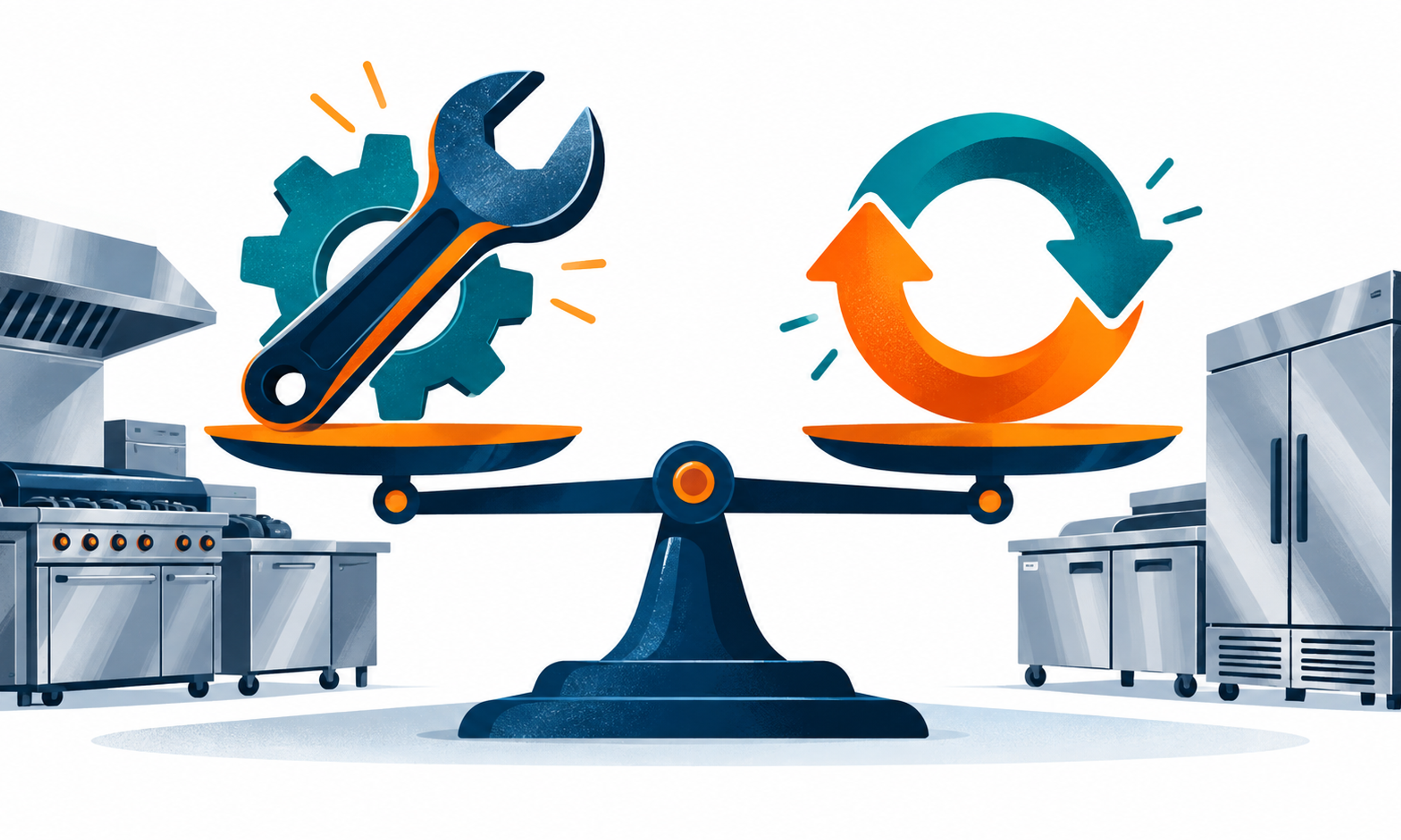Illustration of a balance scale weighing a repair wrench against a replace-cycle arrow, flanked by restaurant equipment.