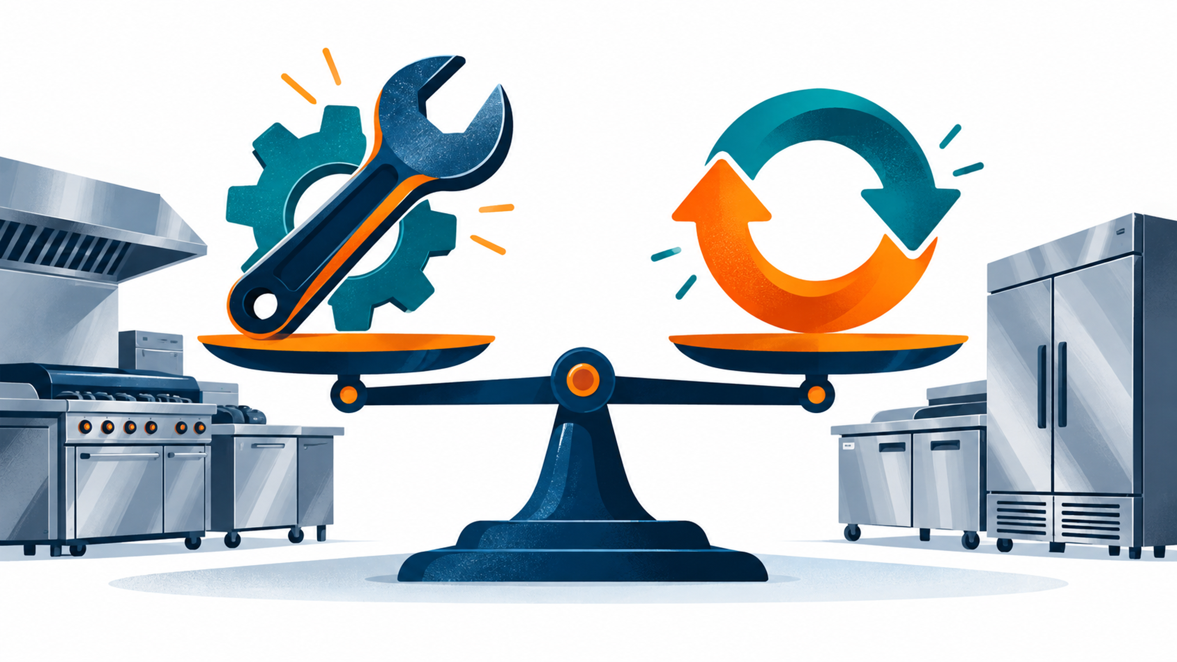 Illustration of a balance scale weighing a repair wrench against a replace-cycle arrow, flanked by restaurant equipment.