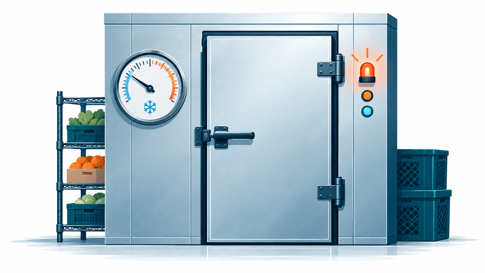 Illustration of a walk-in cooler door with a thermometer gauge and an alarm light, beside shelving holding produce crates.