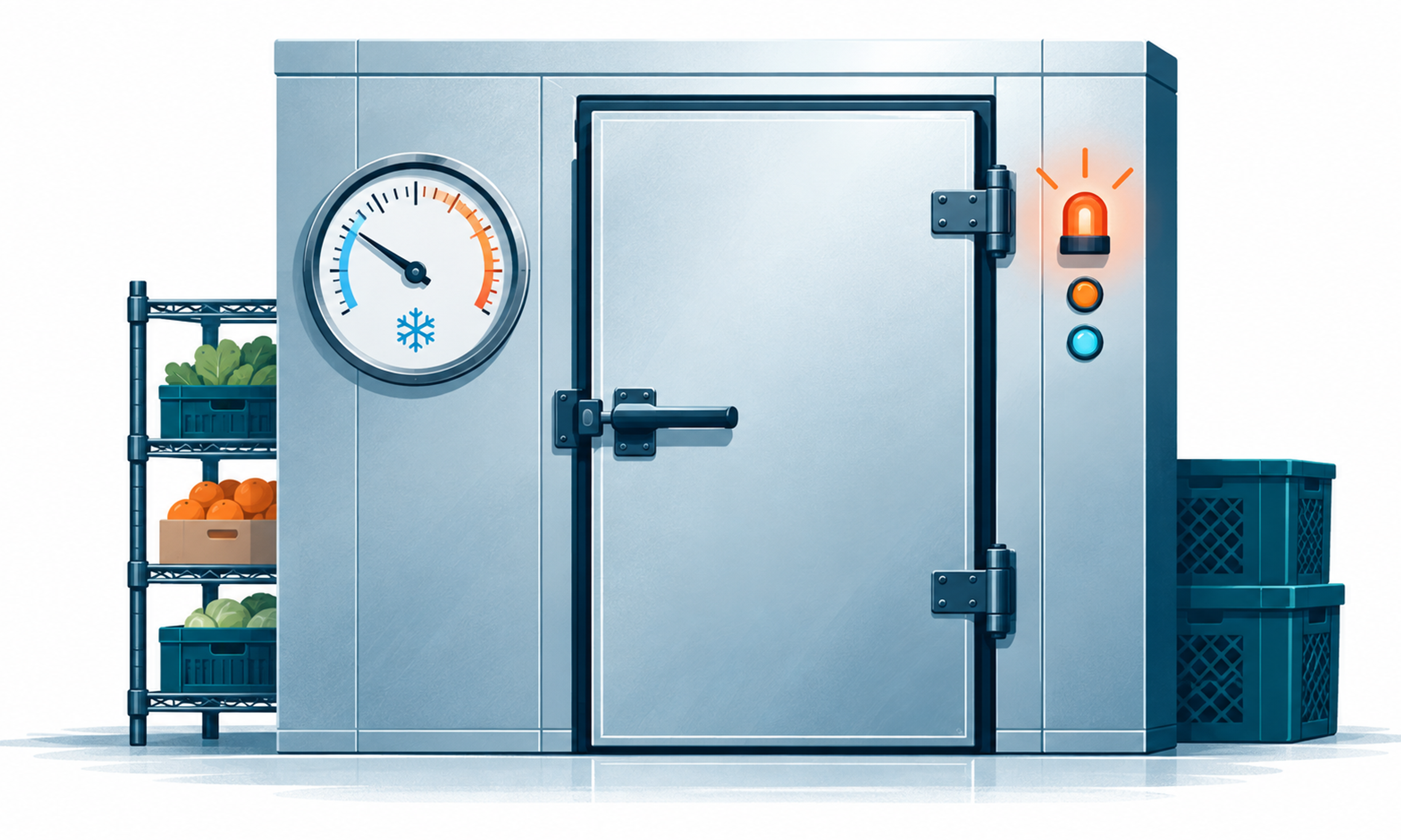 Illustration of a walk-in cooler door with a thermometer gauge and an alarm light, beside shelving holding produce crates.