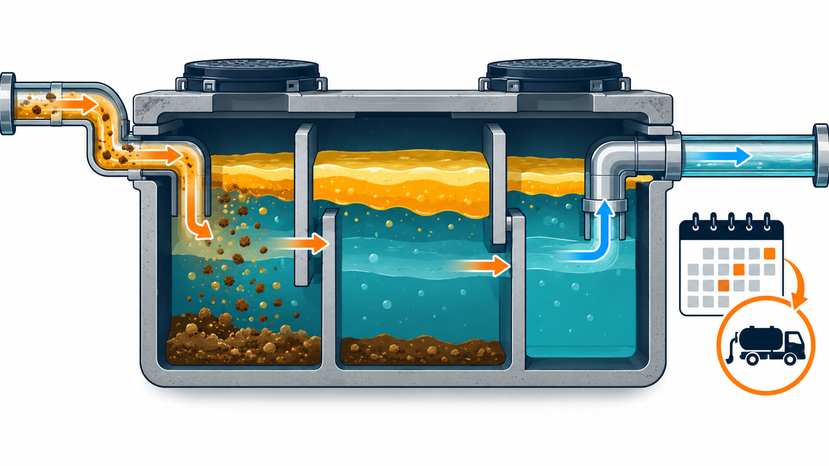 Illustration of a cutaway grease trap showing its chambers and a connected pump-out truck.