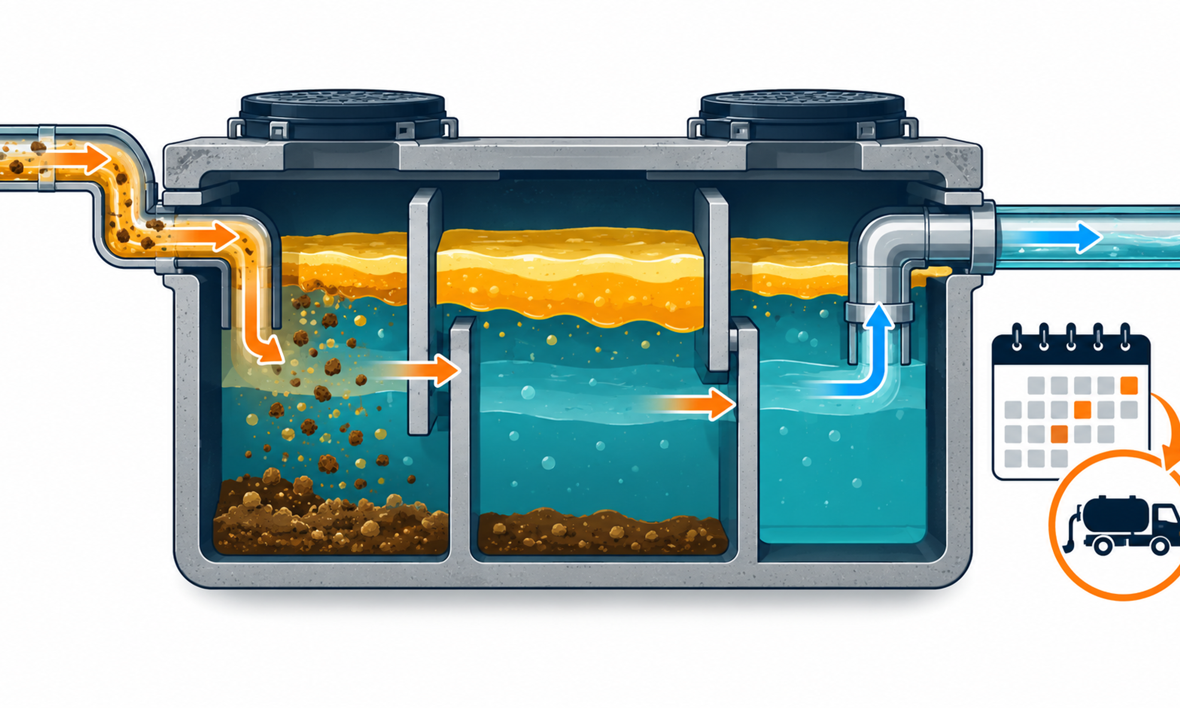 Illustration of a cutaway grease trap showing its chambers and a connected pump-out truck.
