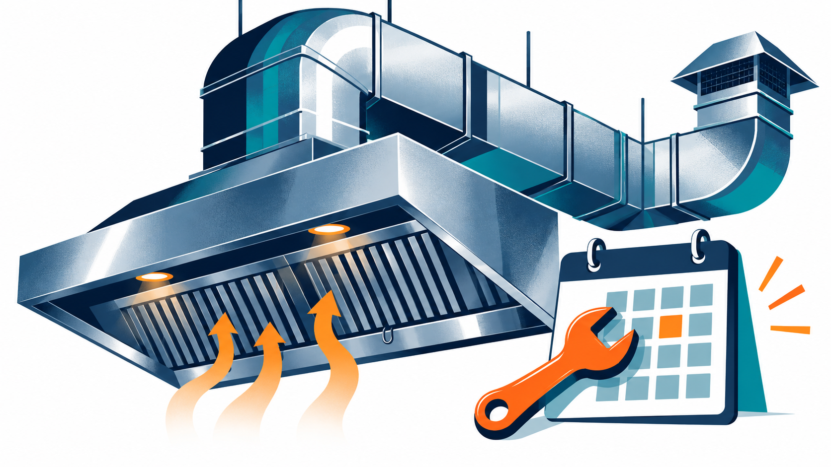 Illustration of a commercial kitchen exhaust hood and duct run beside a wrench and a maintenance calendar.