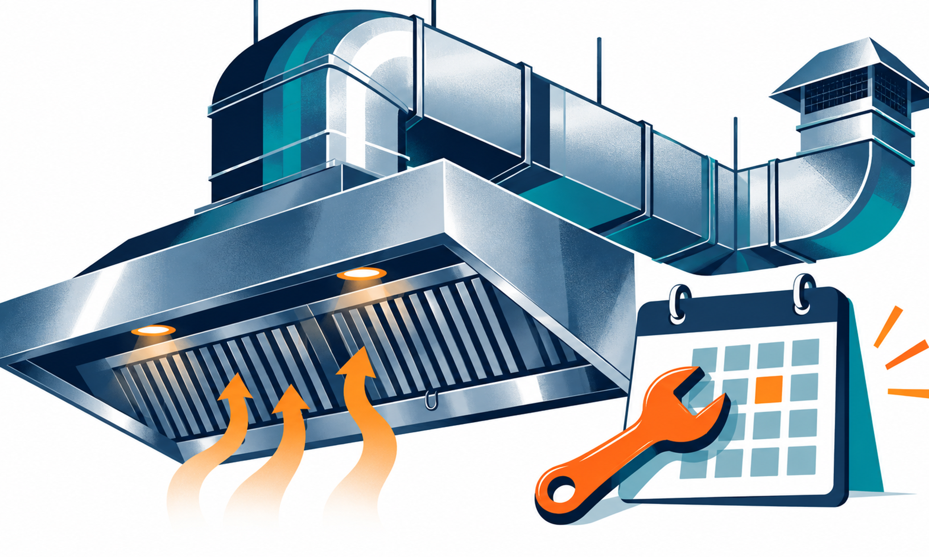 Illustration of a commercial kitchen exhaust hood and duct run beside a wrench and a maintenance calendar.