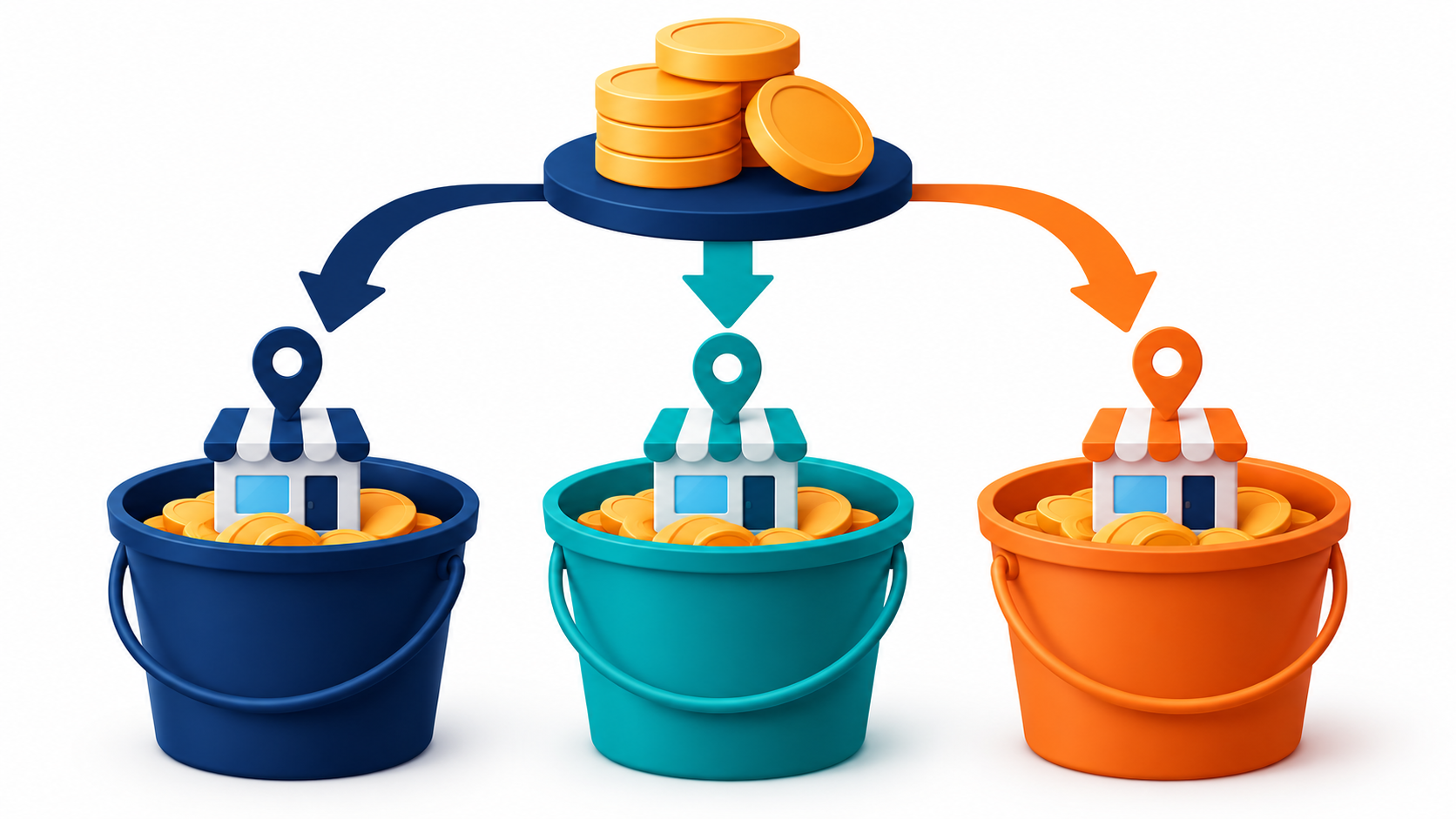 Illustration of a maintenance budget splitting from one coin stack into three labeled buckets.