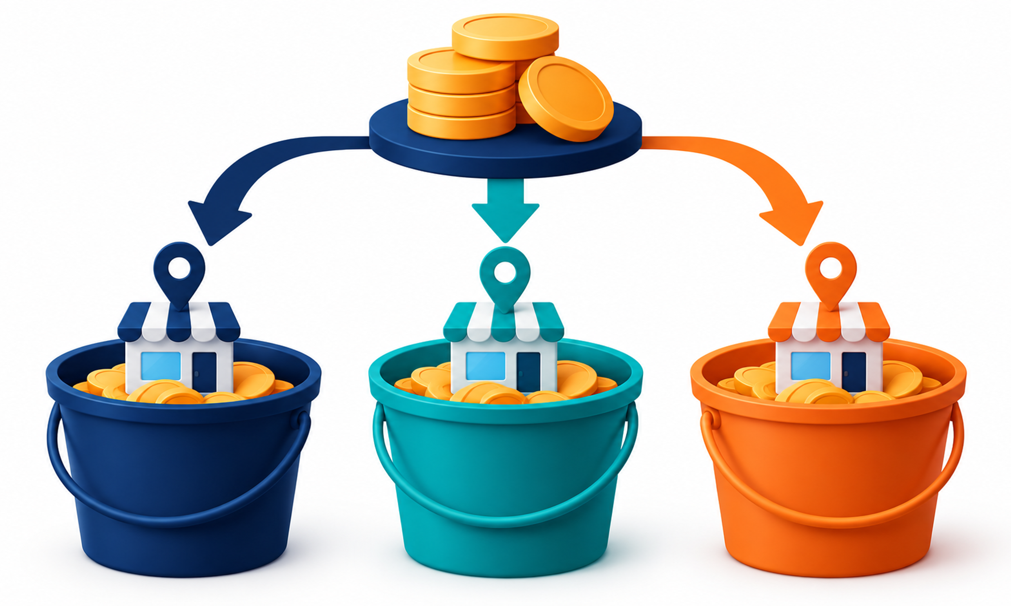 Illustration of a maintenance budget splitting from one coin stack into three labeled buckets.