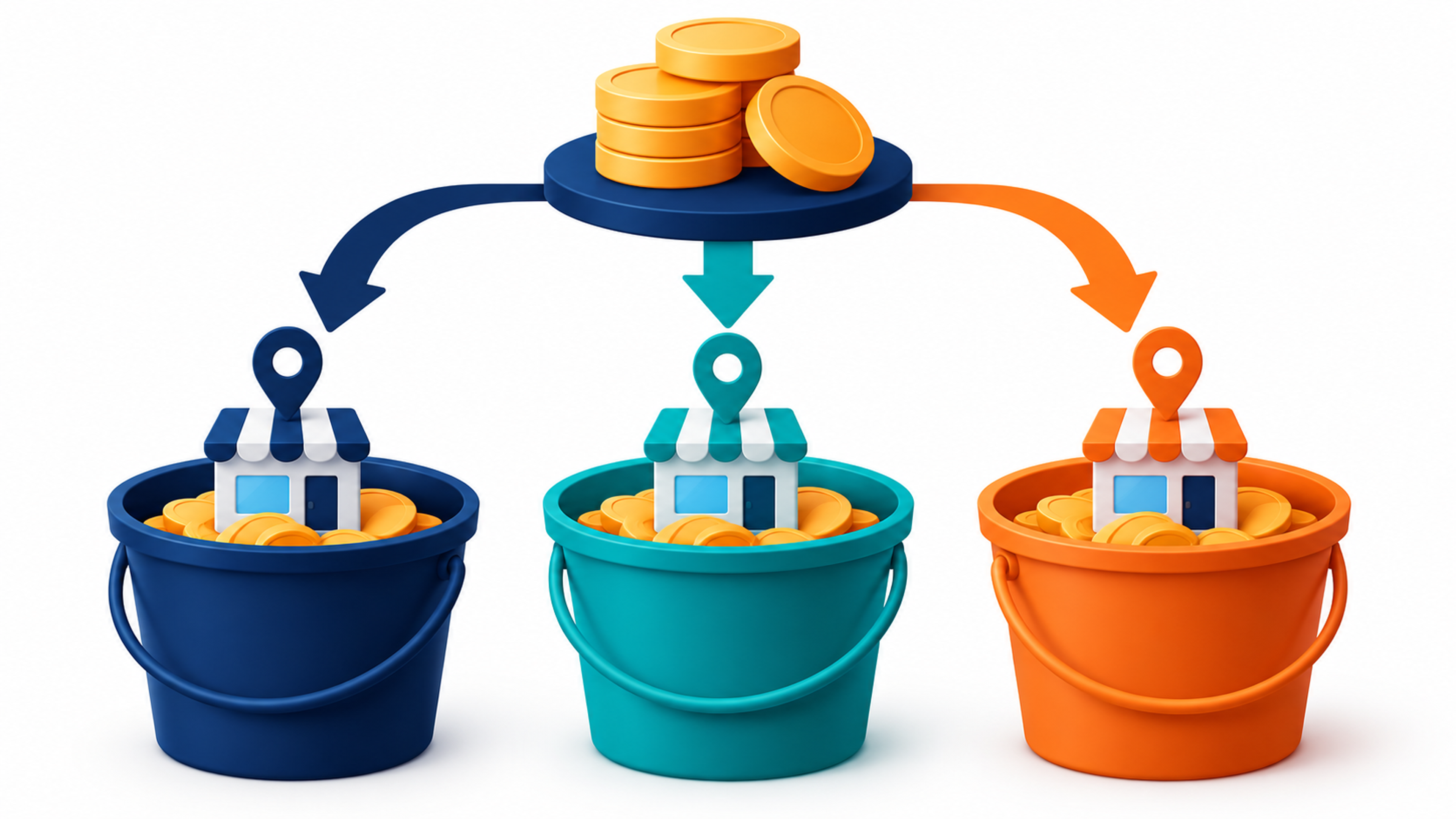 Illustration of a maintenance budget splitting from one coin stack into three labeled buckets.