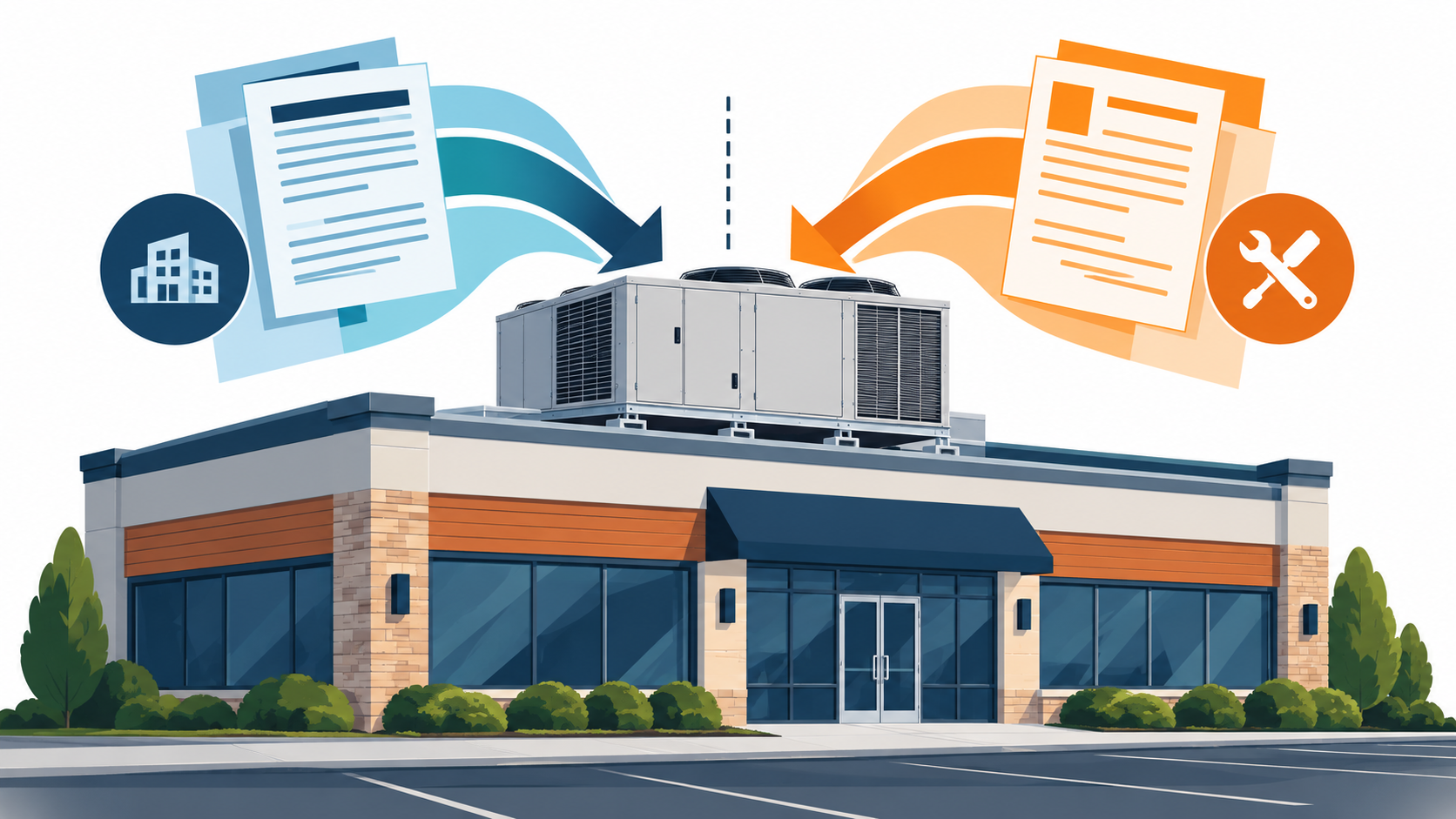 Illustration of lease documents on either side of a rooftop HVAC unit, representing landlord and tenant responsibility.