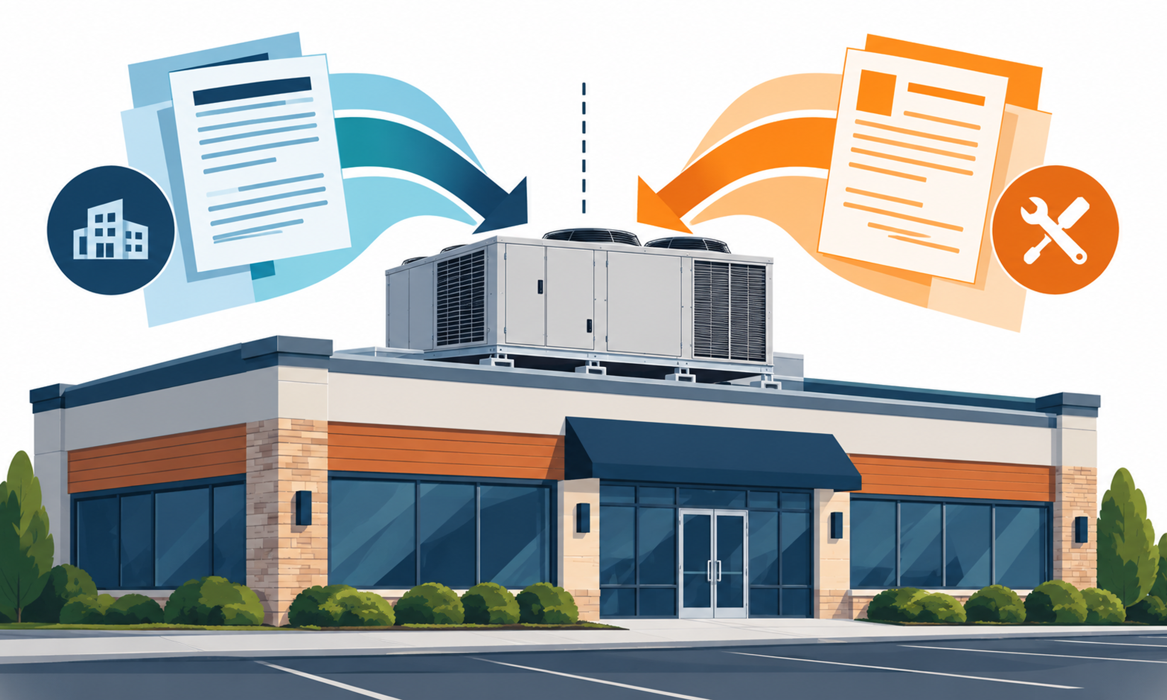 Illustration of lease documents on either side of a rooftop HVAC unit, representing landlord and tenant responsibility.