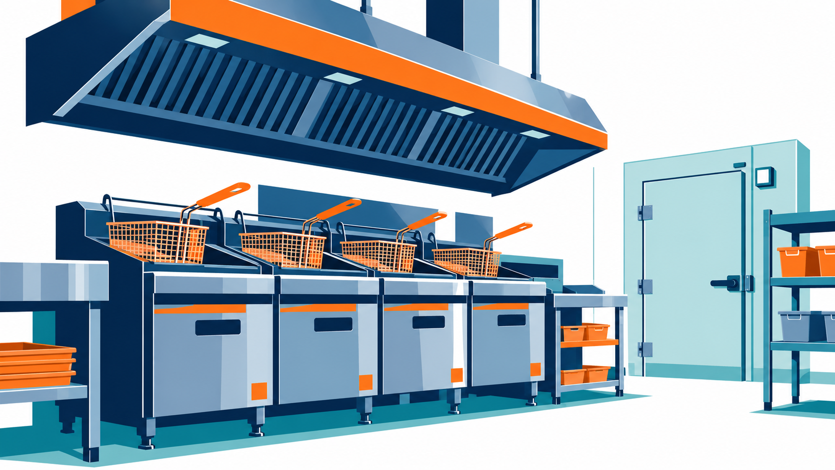 Illustration of commercial kitchen fryers under an exhaust hood beside a walk-in cooler door.