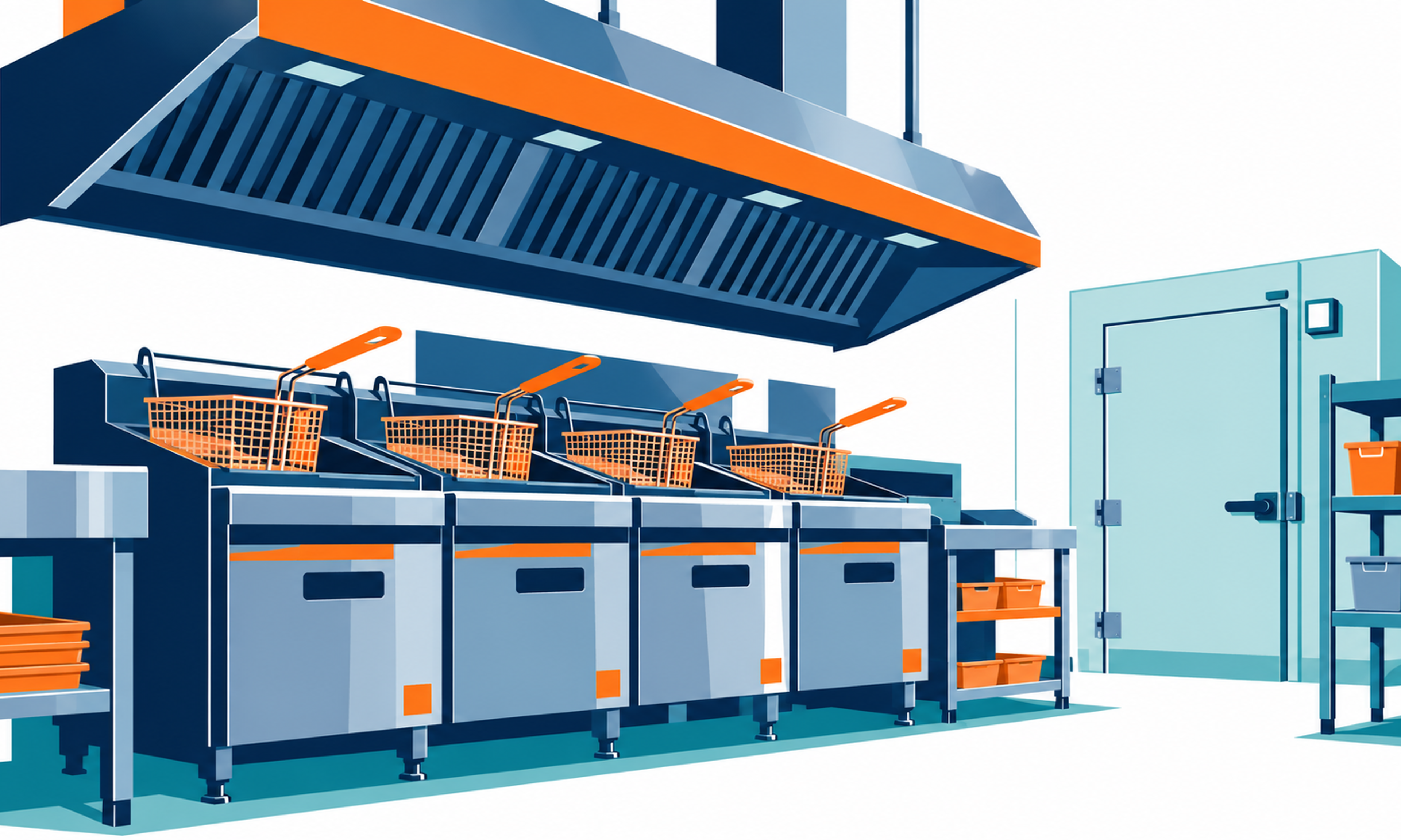 Illustration of commercial kitchen fryers under an exhaust hood beside a walk-in cooler door.