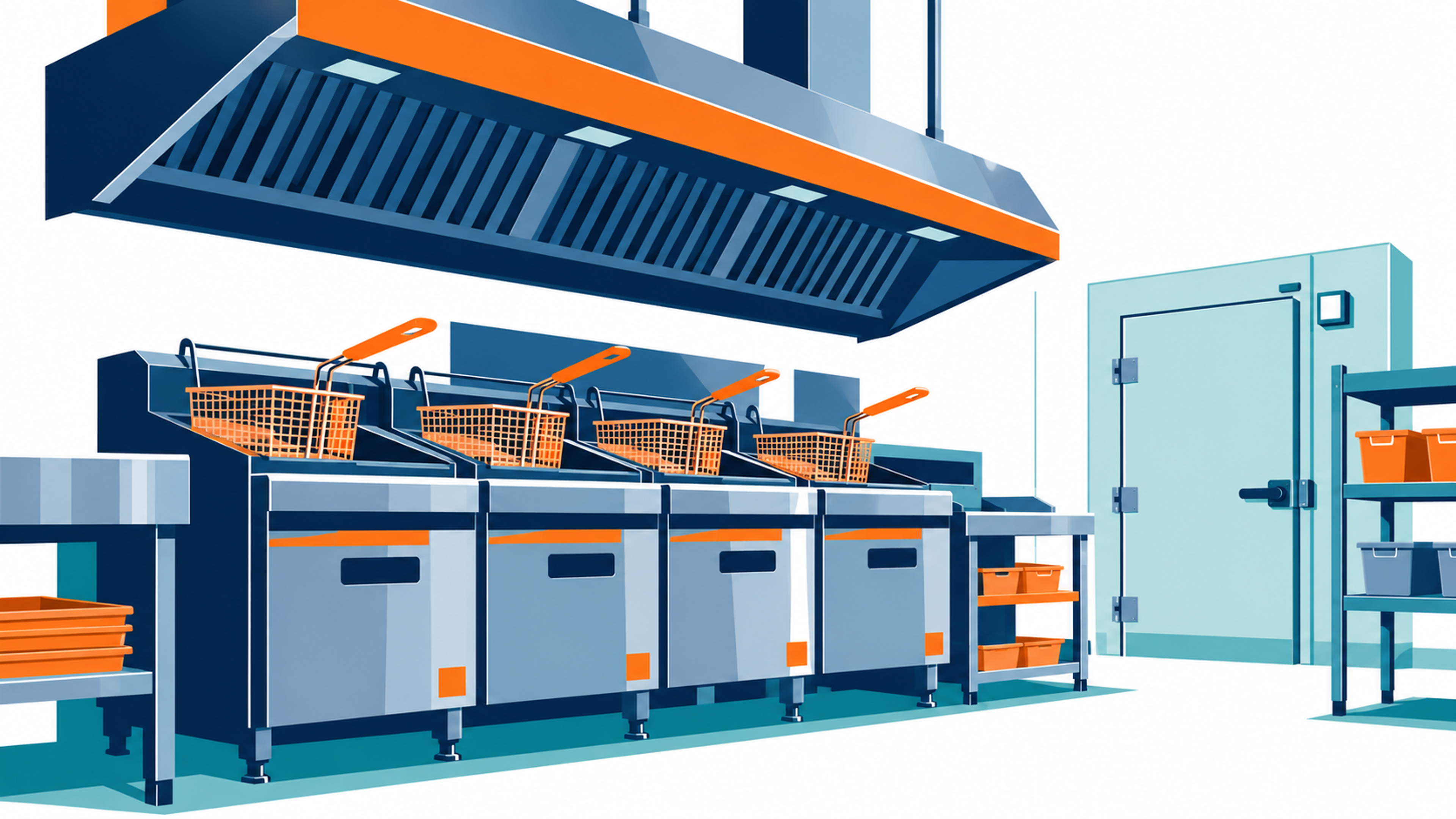 Illustration of commercial kitchen fryers under an exhaust hood beside a walk-in cooler door.