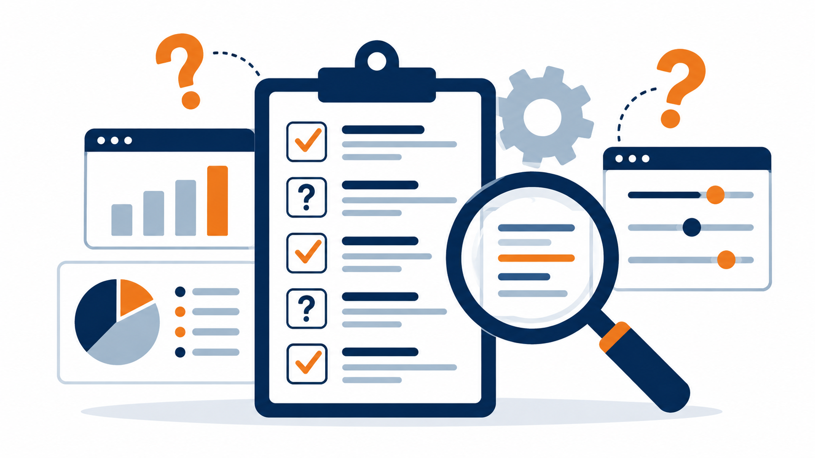 Illustration of a buyer's checklist with checked and open items next to a magnifying glass over a data dashboard.