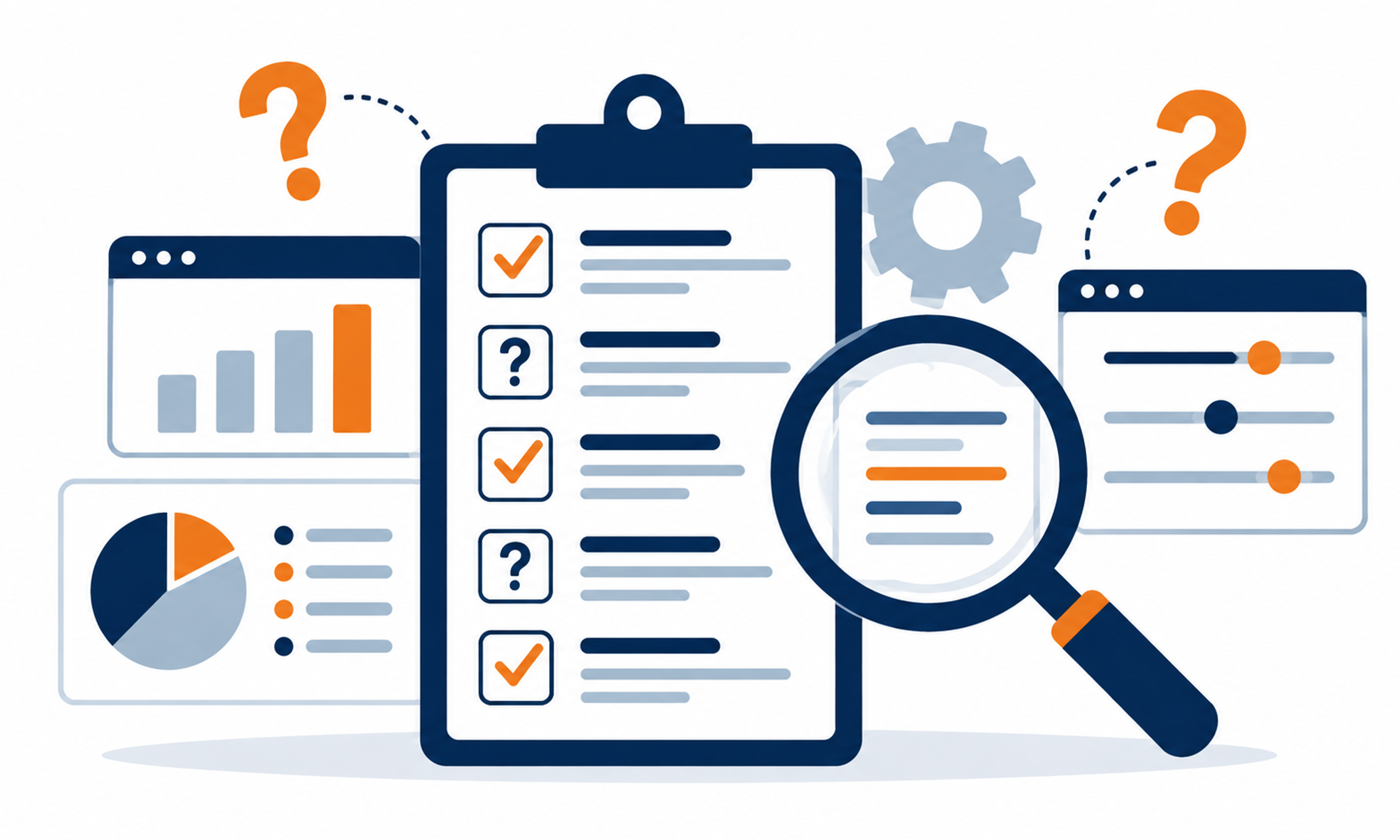 Illustration of a buyer's checklist with checked and open items next to a magnifying glass over a data dashboard.