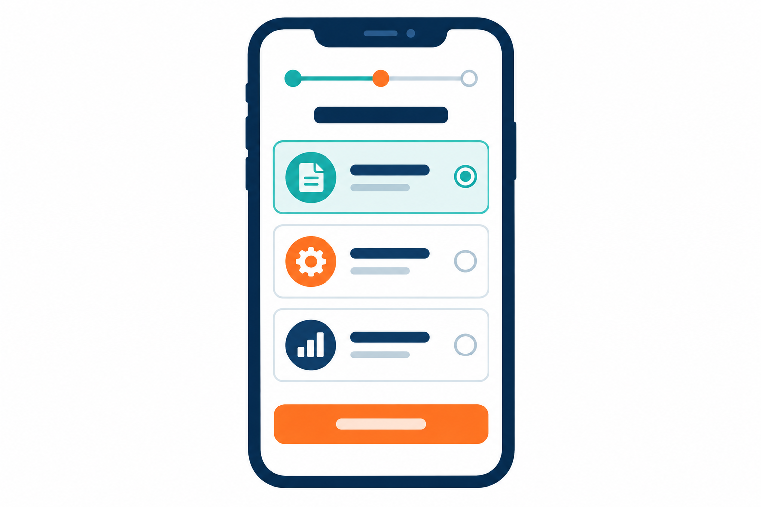 Illustration of a mobile maintenance request form with a step progress bar and selectable option cards.