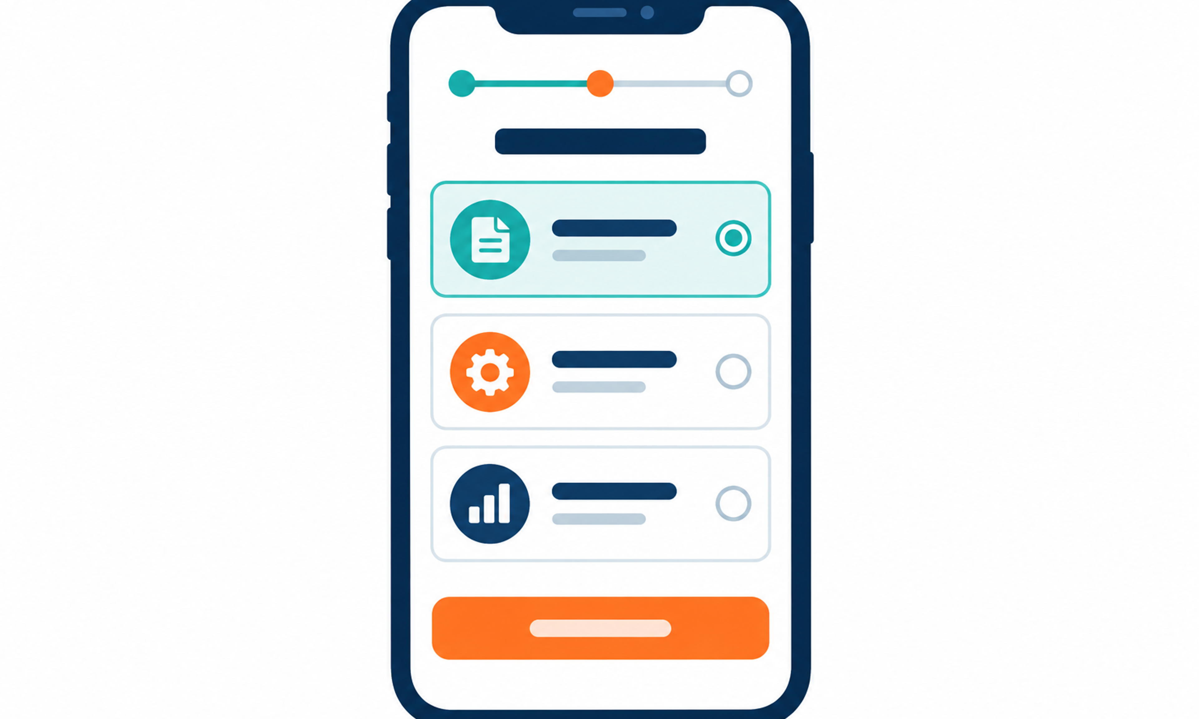 Illustration of a mobile maintenance request form with a step progress bar and selectable option cards.