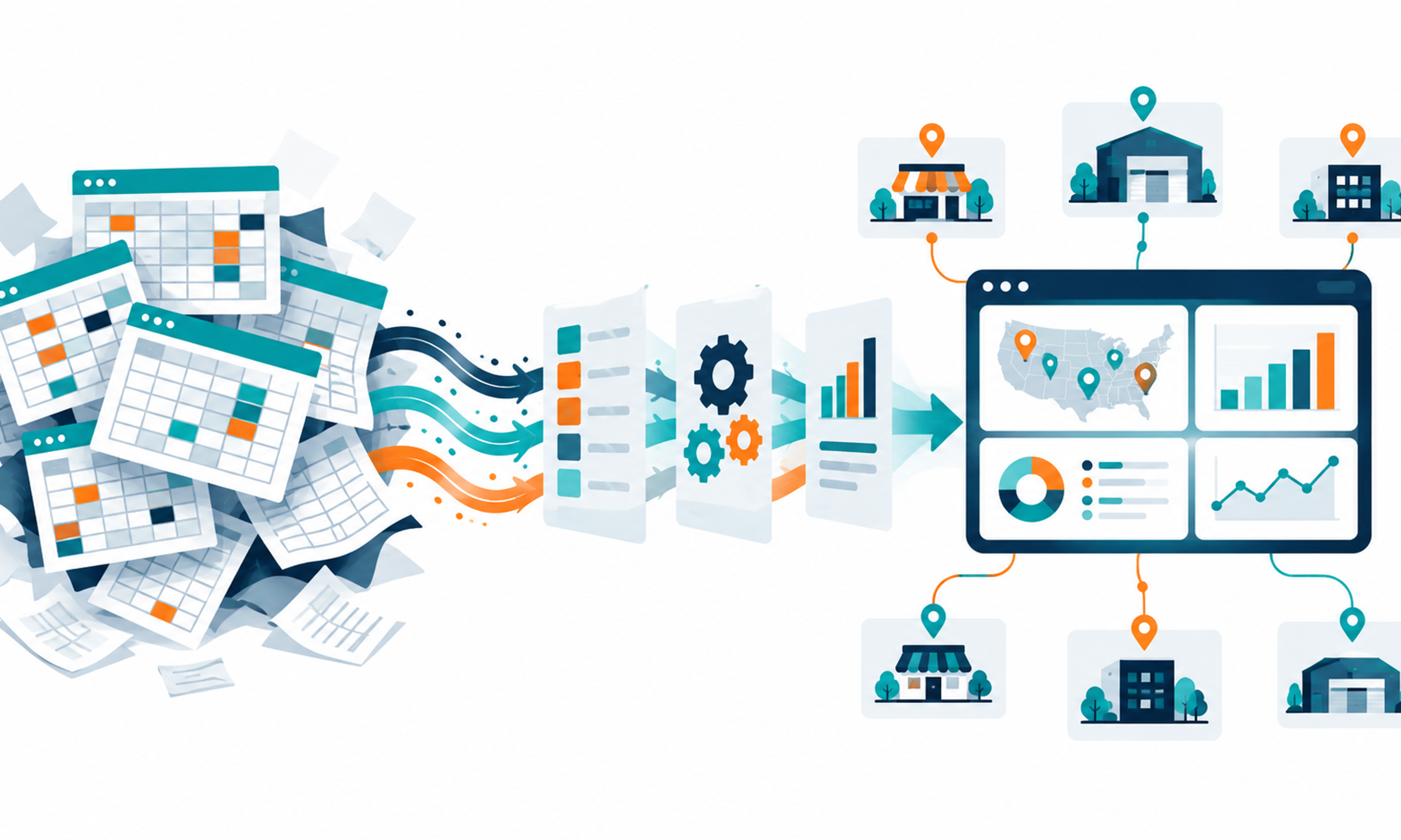 Illustration of a pile of spreadsheets flowing through a process into one multi-location dashboard.