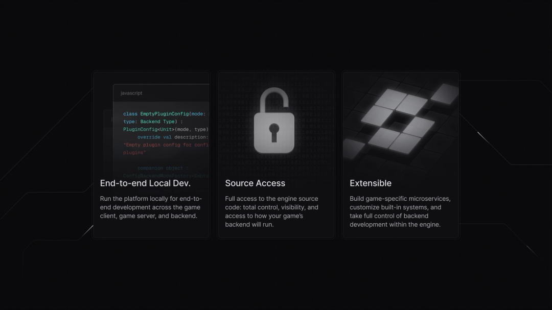Pragma product feature cards for local development, source access, and extensibility.