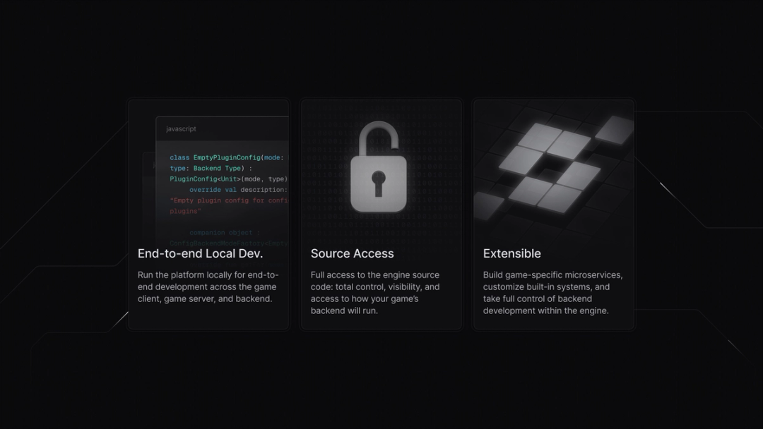 Pragma product feature cards for local development, source access, and extensibility.
