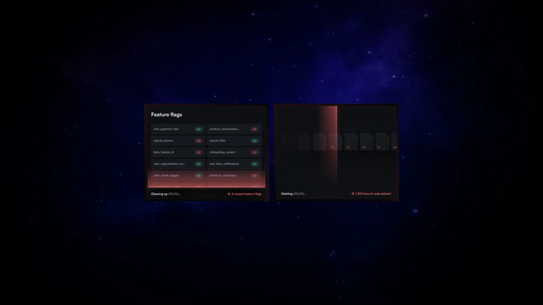 Emerge Tools Reaper interface in dark mode showing a list of feature flags being cleaned up and a deletion panel indicating thousands of lines of unused code removed.