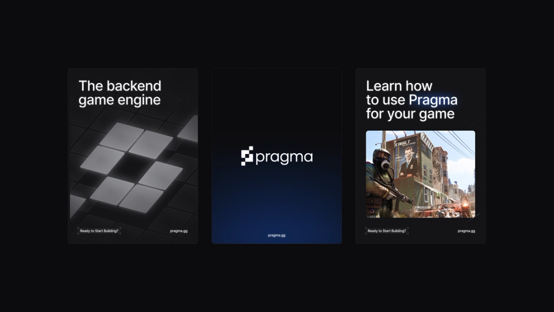 Pragma marketing cards for its backend game engine and learning resources.