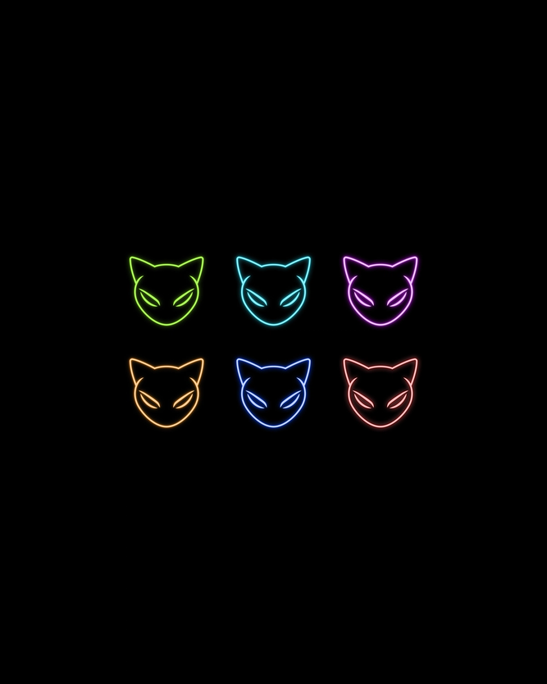 Grid of six neon cat-head icons in vibrant colors on a black background, part of the MEOW meme-token brand iconography designed by Kundo Studio to express its playful, retro crypto identity.