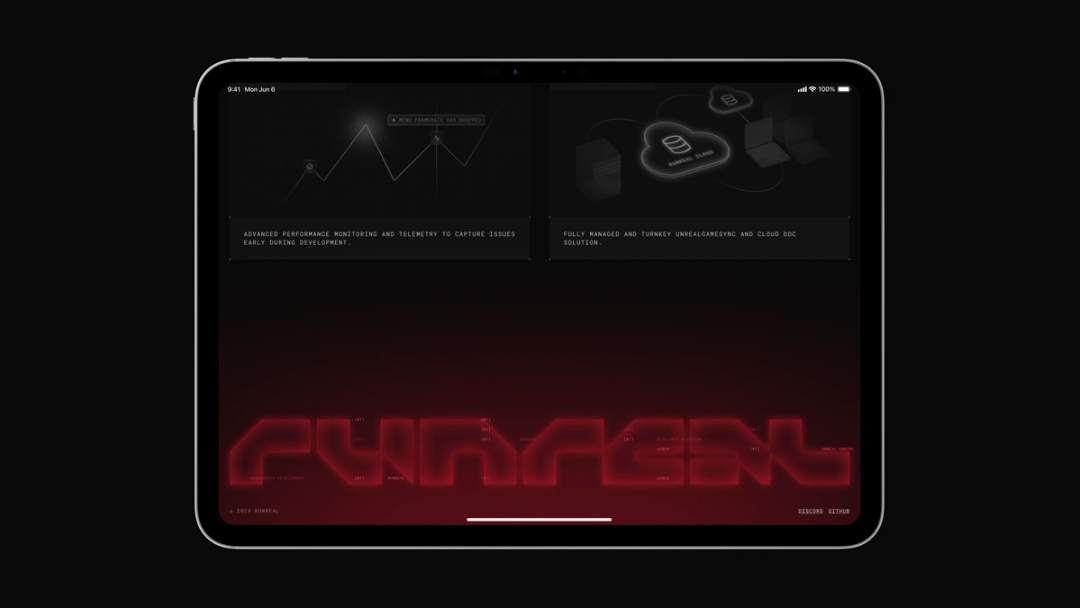 iPad mockup of the Runreal website with dark product UI cards and a glowing red Runreal wordmark footer, designed by Kundo Studio to showcase the responsive, tech-forward brand identity and web experience for Runreal.