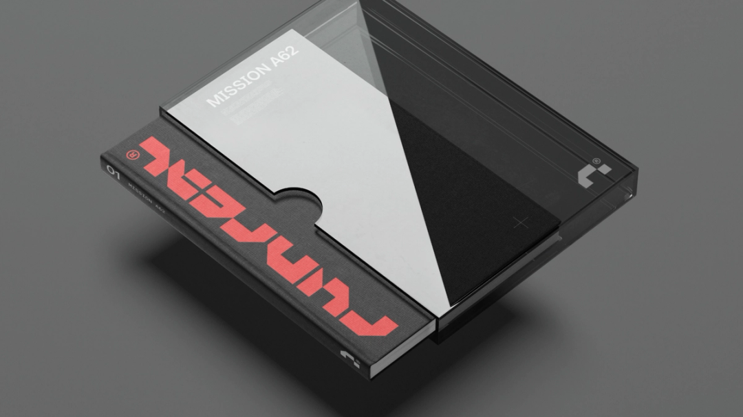 Minimal 3D mockup of a Runreal “Mission A62” book and clear case with bold red wordmark, designed by Kundo Studio to showcase the tech-forward brand identity, print design, and packaging system.