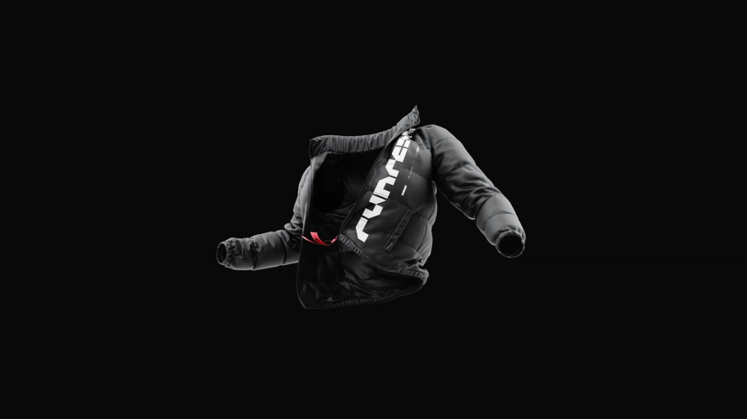 High-contrast 3D render of a black Runreal-branded puffer jacket floating on a black background, created by Kundo Studio to showcase the brand’s bold, tech-forward visual identity and product storytelling.
