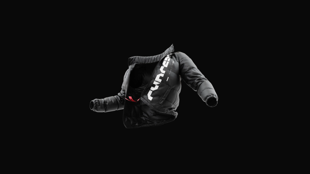 High-contrast 3D render of a black Runreal-branded puffer jacket floating on a black background, created by Kundo Studio to showcase the brand’s bold, tech-forward visual identity and product storytelling.