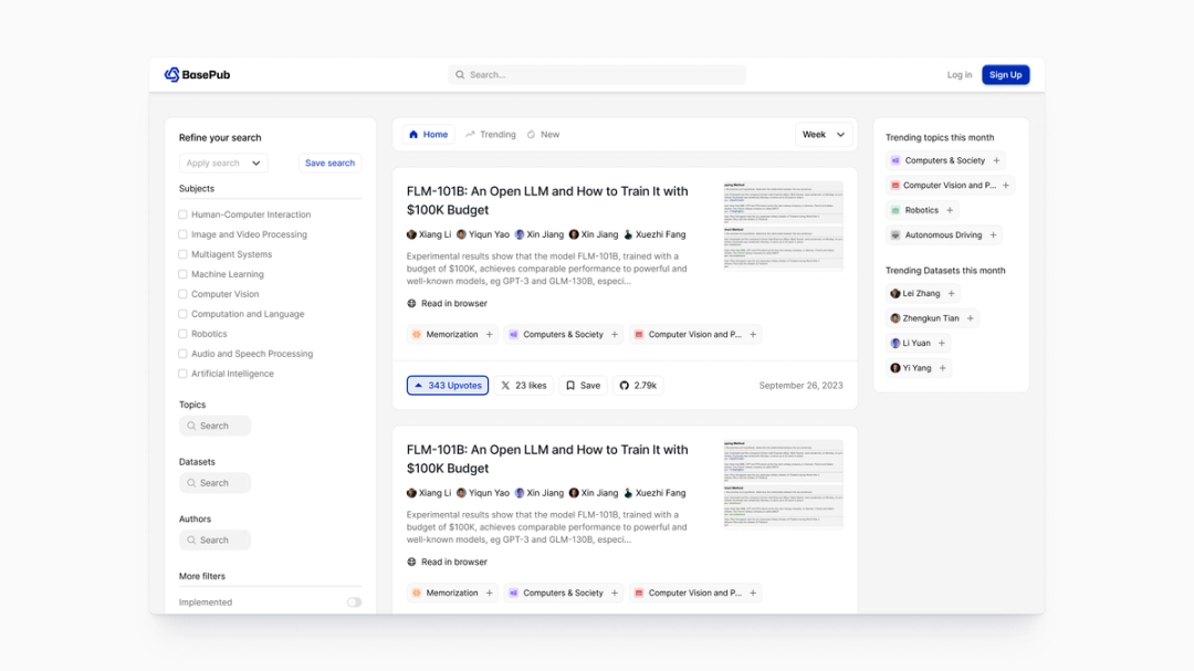 BasePub web app feed view showing FLM-101B research papers with upvotes and tags in the main column, advanced AI subject filters on the left, and trending topics and datasets for the week on the right.