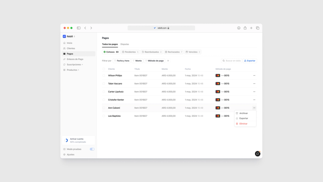 Rebill payments dashboard in light mode with multiple transactions selected and a bulk action toolbar for archiving, exporting, or deleting, part of the streamlined, Stripe-grade LATAM payments UI Kundo Studio designed for efficient operator workflows.