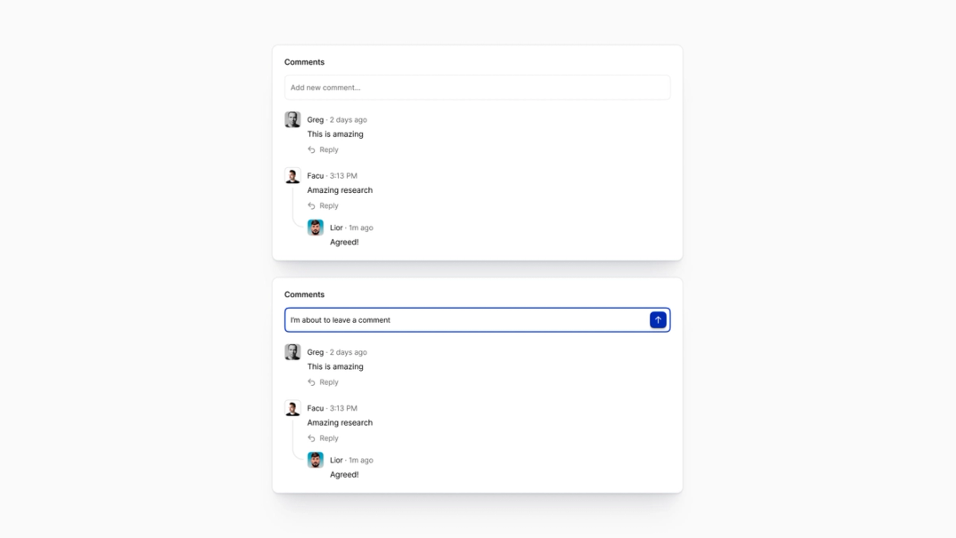 BasePub comments UI showing a clean, threaded discussion with avatars and timestamps, plus an inline “add new comment” field and blue-highlighted input state, illustrating how researchers can collaborate and react to AI papers directly inside the platform.