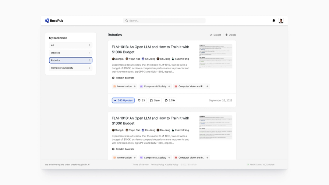 BasePub bookmarks dashboard with the “Robotics” collection selected, listing saved AI research papers and sidebar filters for All, Upvotes, Robotics, and Computers & Society to quickly organize and revisit research.