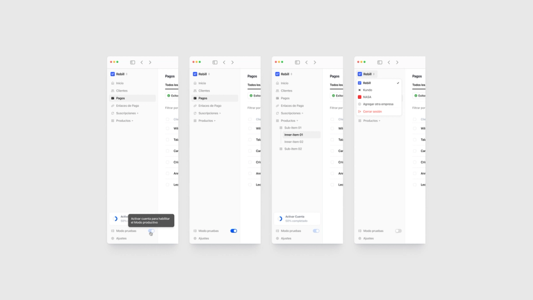 Rebill payments dashboard in light mode showing a table of successful card transactions with row actions for archiving, exporting, and deleting, part of the Stripe-grade LATAM payments UI Kundo Studio designed for clear, confident operations.
