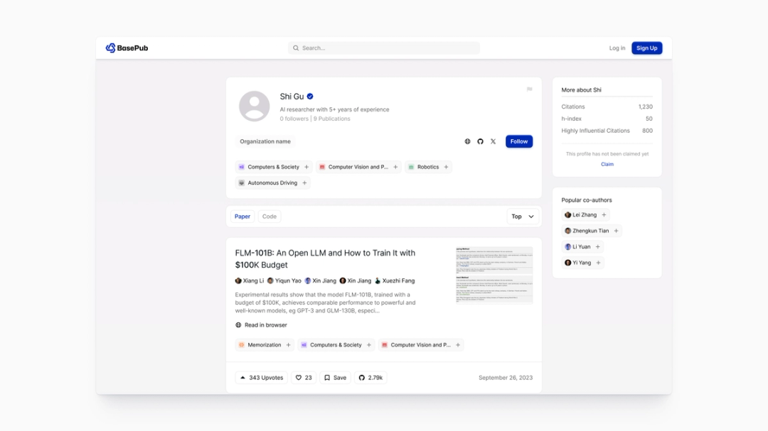 BasePub author profile UI showing AI researcher Shi Gu’s overview with expertise tags, citation metrics, co-author list, and a highlighted publication card for “FLM-101B: An Open LLM and How to Train It with $100K Budget.”