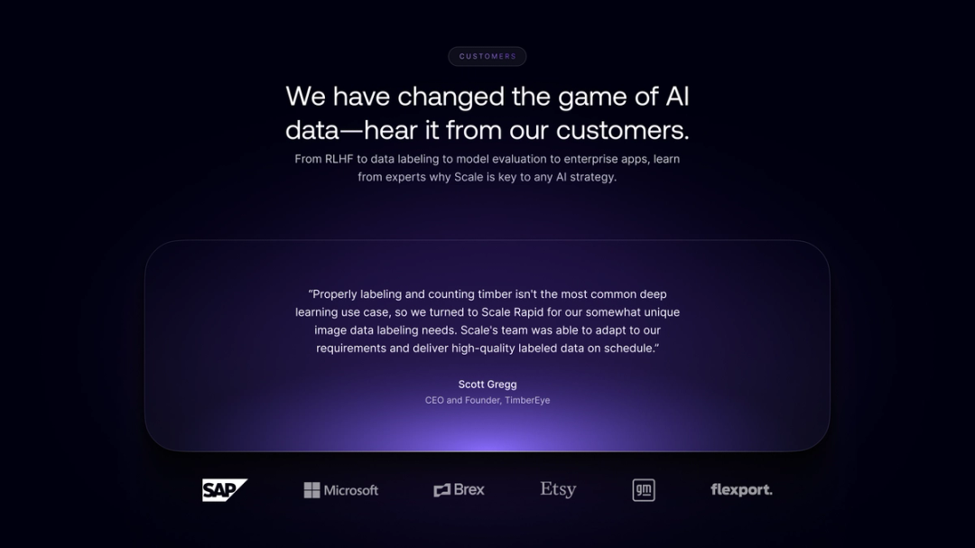 Scale customer quote about AI data with SAP, Microsoft, Brex, Etsy, and Flexport logos.
