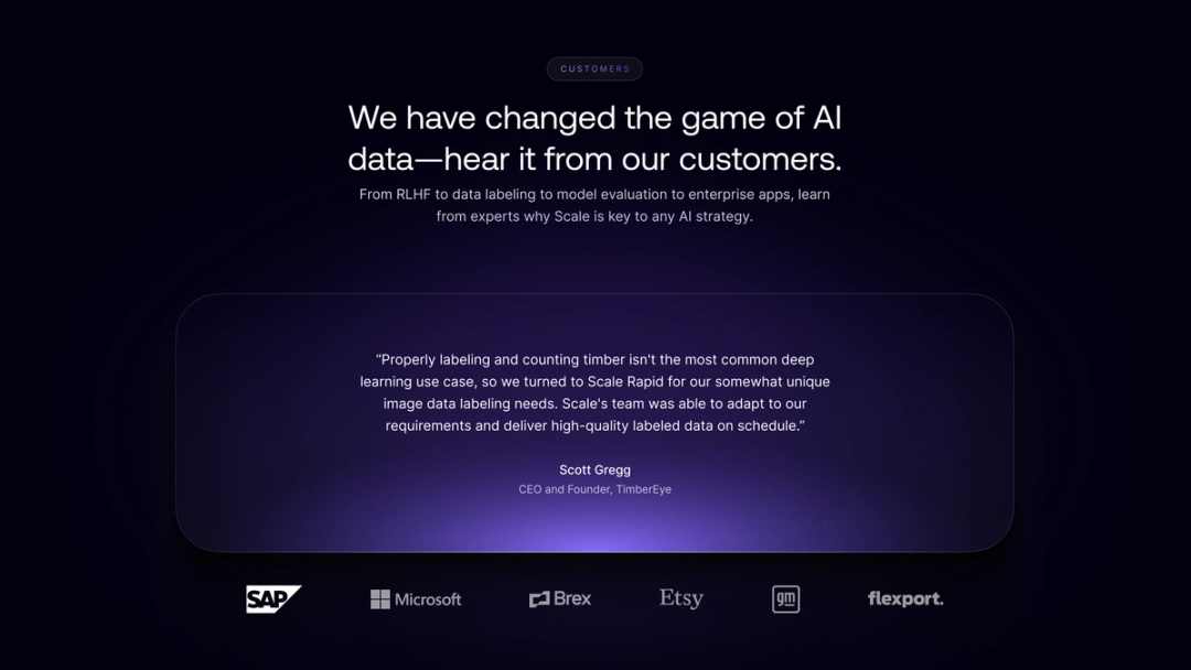 Scale customer quote about AI data with SAP, Microsoft, Brex, Etsy, and Flexport logos.