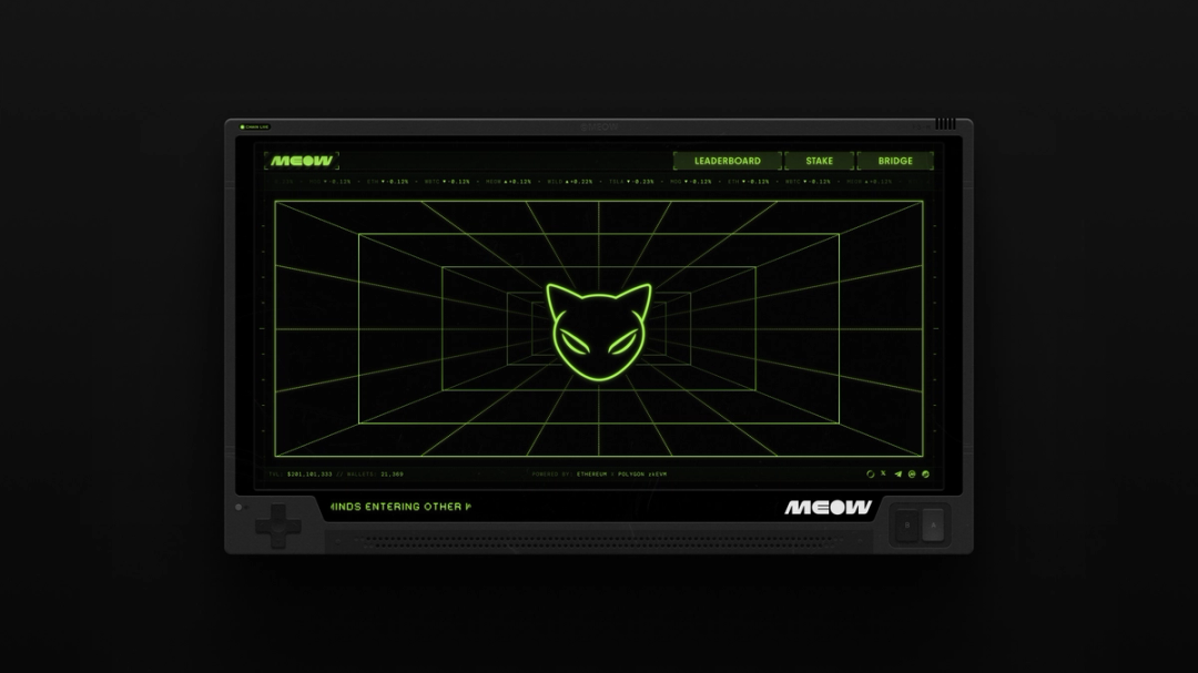Retro console-style MEOW homepage screen with neon green cat logo in a 3D grid tunnel, designed by Kundo Studio to showcase the playful, interactive crypto brand and nostalgia-driven website experience.