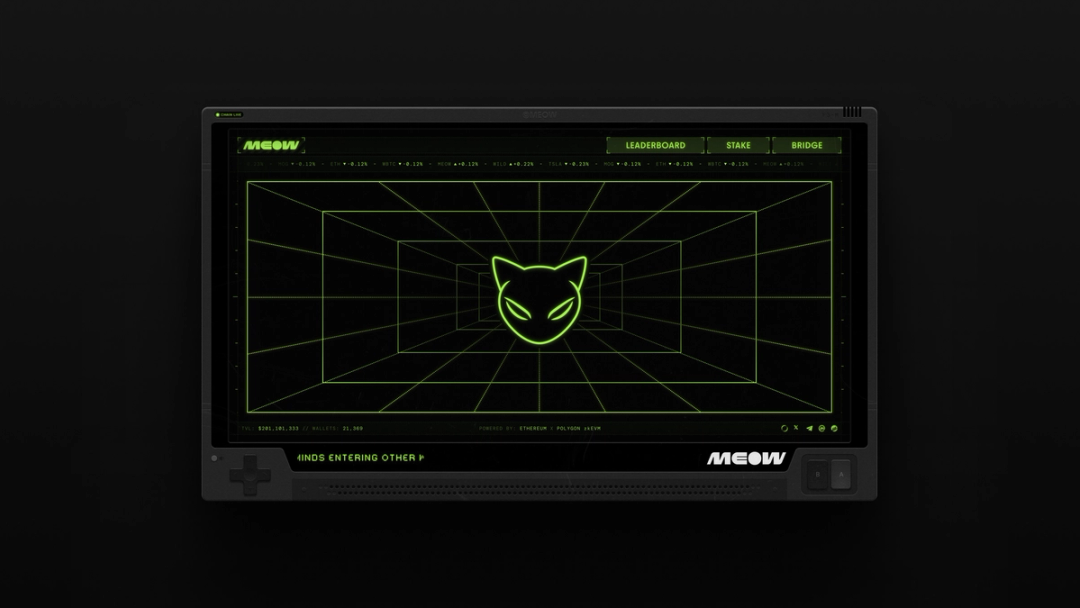 Retro console-style MEOW homepage screen with neon green cat logo in a 3D grid tunnel, designed by Kundo Studio to showcase the playful, interactive crypto brand and nostalgia-driven website experience.
