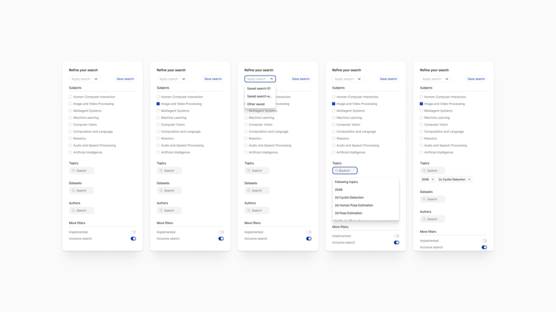 BasePub advanced search filters UI showing step-by-step states for refining AI research results by subject, topics, datasets, authors, and saved searches.