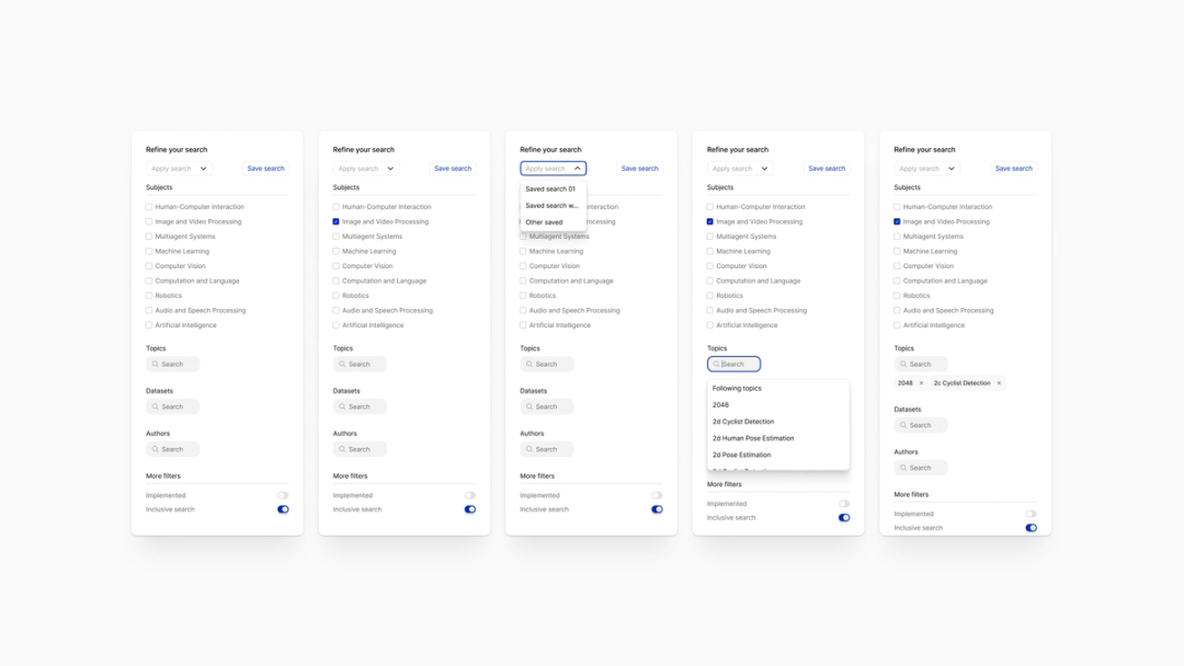 BasePub advanced search filters UI showing step-by-step states for refining AI research results by subject, topics, datasets, authors, and saved searches.