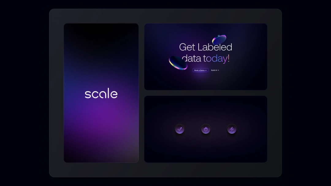 Scale brand presentation with logo, iridescent ring graphics, and campaign cards.