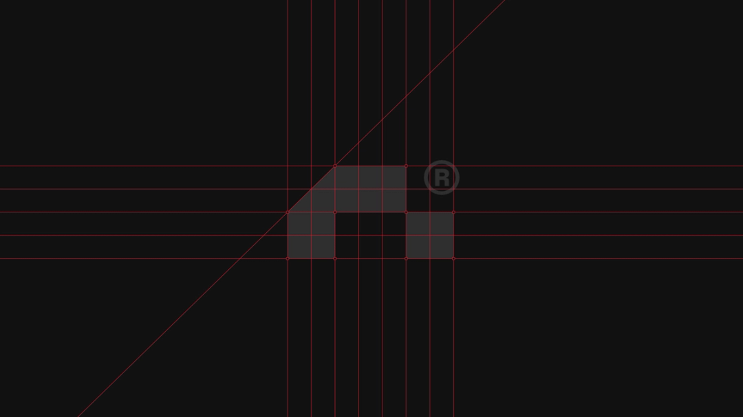 Runreal logo construction grid on a dark background with red guides and geometric mark, illustrating Kundo Studio’s precise, system-driven logo design and tech-forward brand identity for Runreal.