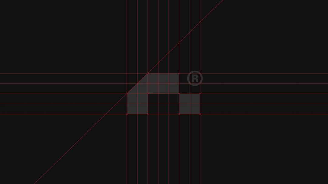 Runreal logo construction grid on a dark background with red guides and geometric mark, illustrating Kundo Studio’s precise, system-driven logo design and tech-forward brand identity for Runreal.